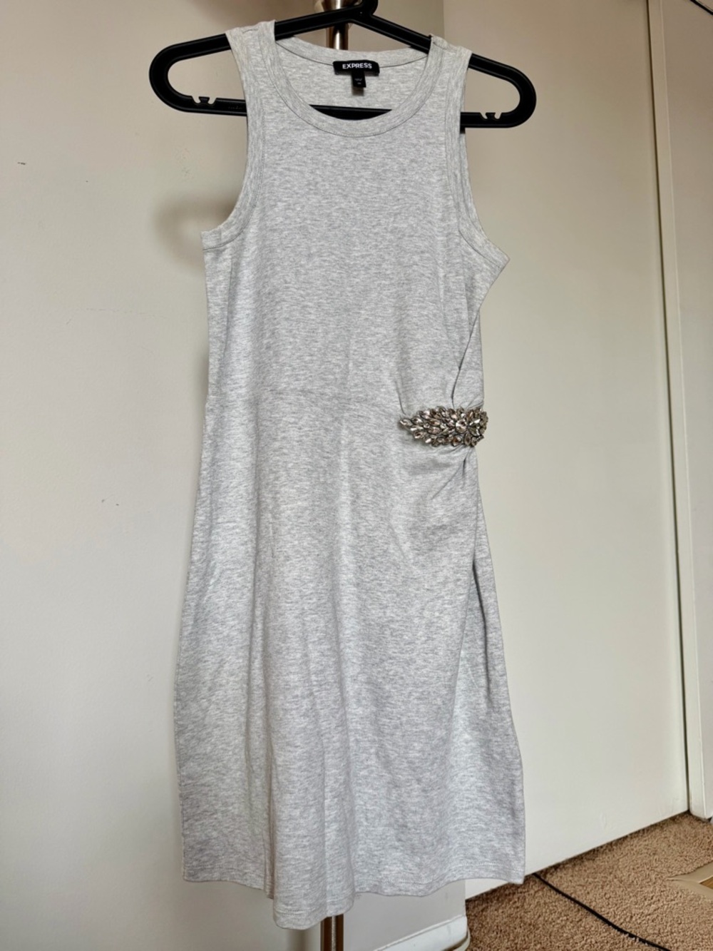 Express Heather Gray Sleeveless Midi Dress with Jewel Accent